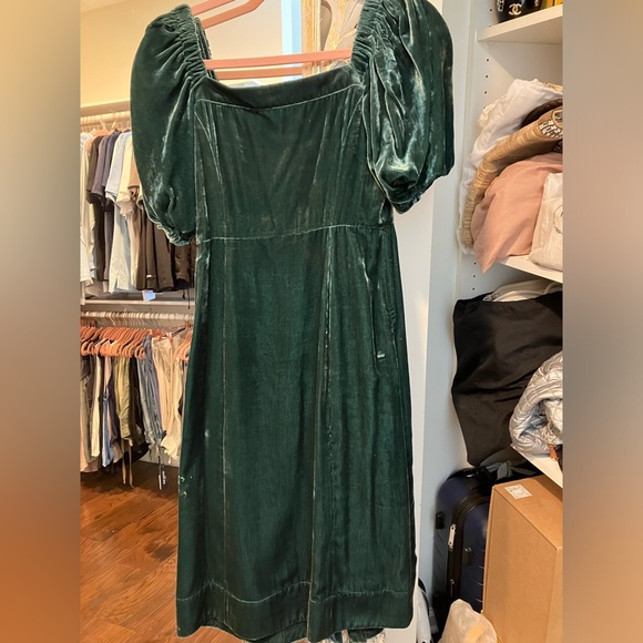 J. CREW Emerald Green VELVET PUFF SLEEVE BUTTON FRONT Square Neck Dress - Picture 7 of 12